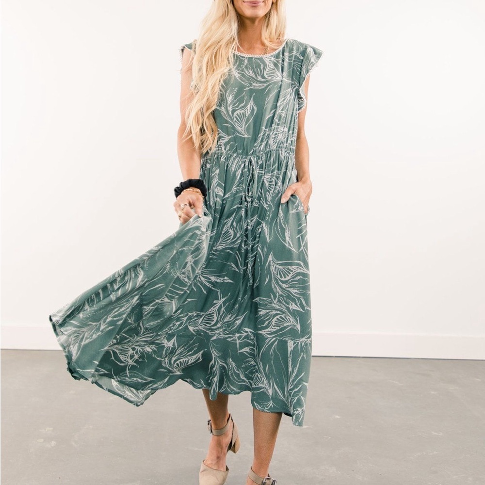 Stevie Hender Teal Leaf Print Midi Dress